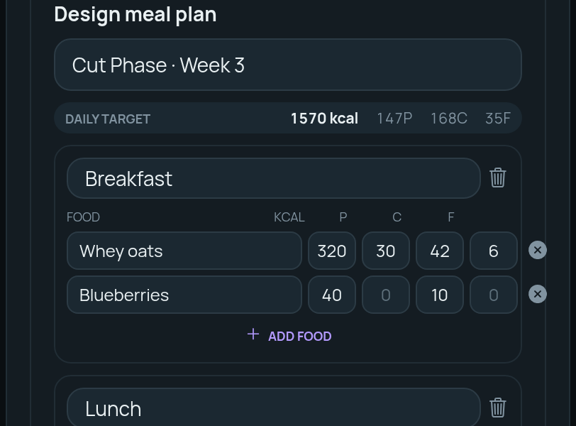 The meal plan editor: daily target and meals with macros per food