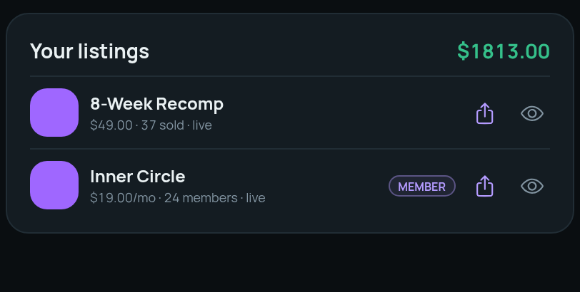 A coach's listings: a program sold one time and a monthly membership